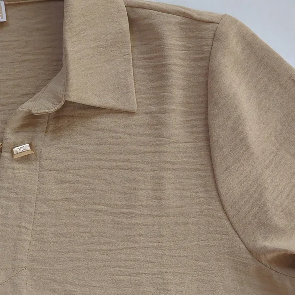 Michael Michael Kors Chain Accent Collared V-Neck Long Sleeve Blouse LARGE Tan - Picture 12 of 16